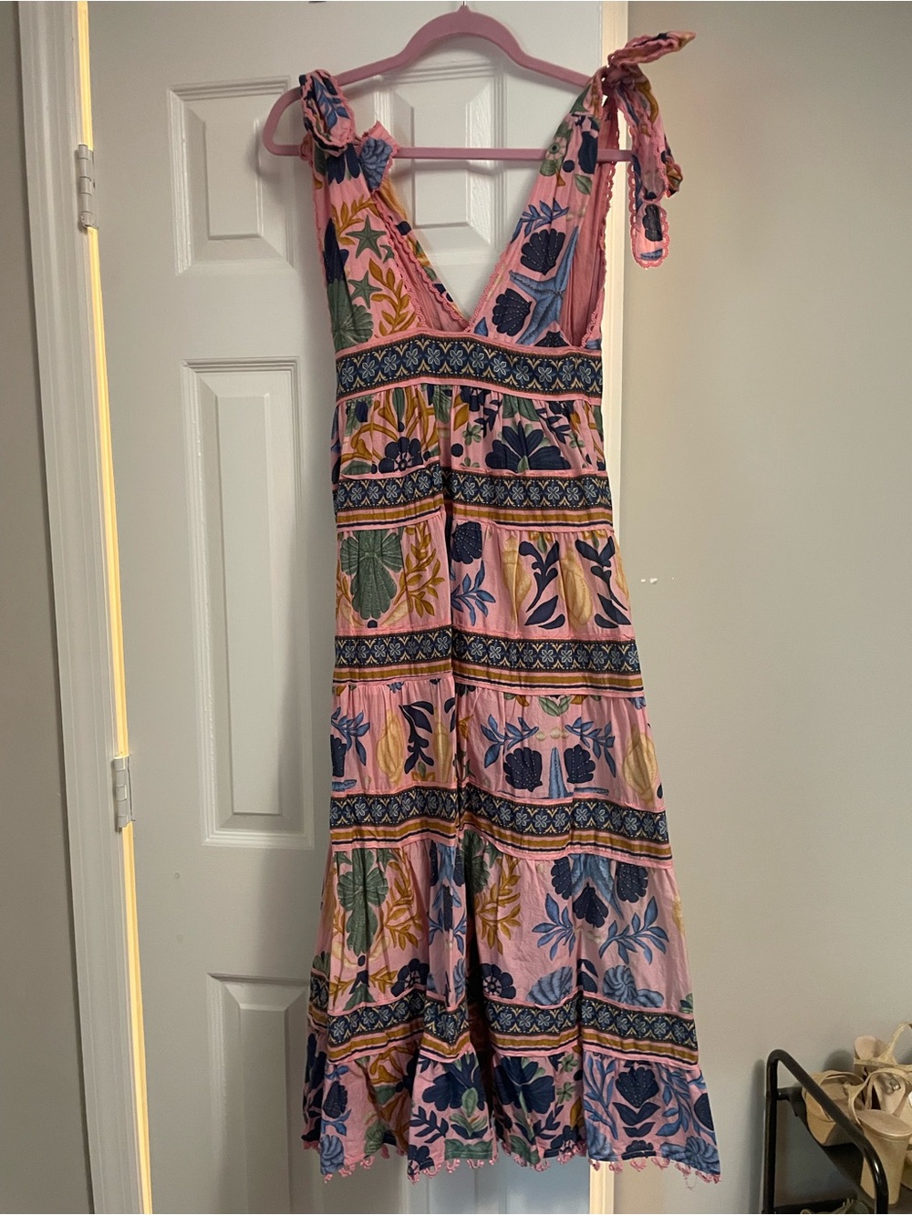 FARM Rio Pink Floral Tiered Maxi Dress with Navy & Green Accents